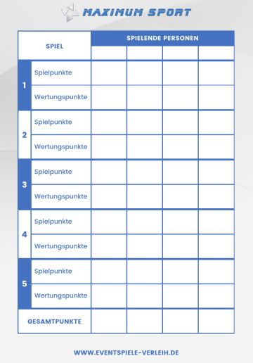 Spielkarte von Eventspiele Verleih – A6-Karte mit Punktetabelle für fünf Spiele