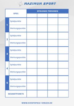 Spielkarte im A6-Format, Vorderseite mit Punktetabelle für fünf Spiele